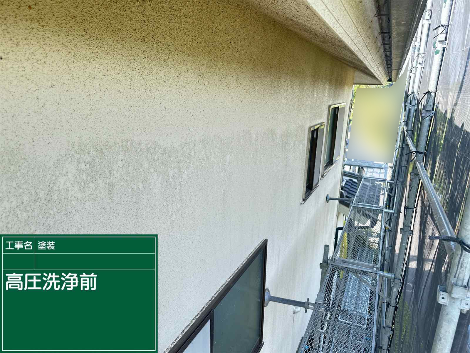 かすみがうら市苔汚れとクラックのあるモルタル外壁を高圧洗浄する