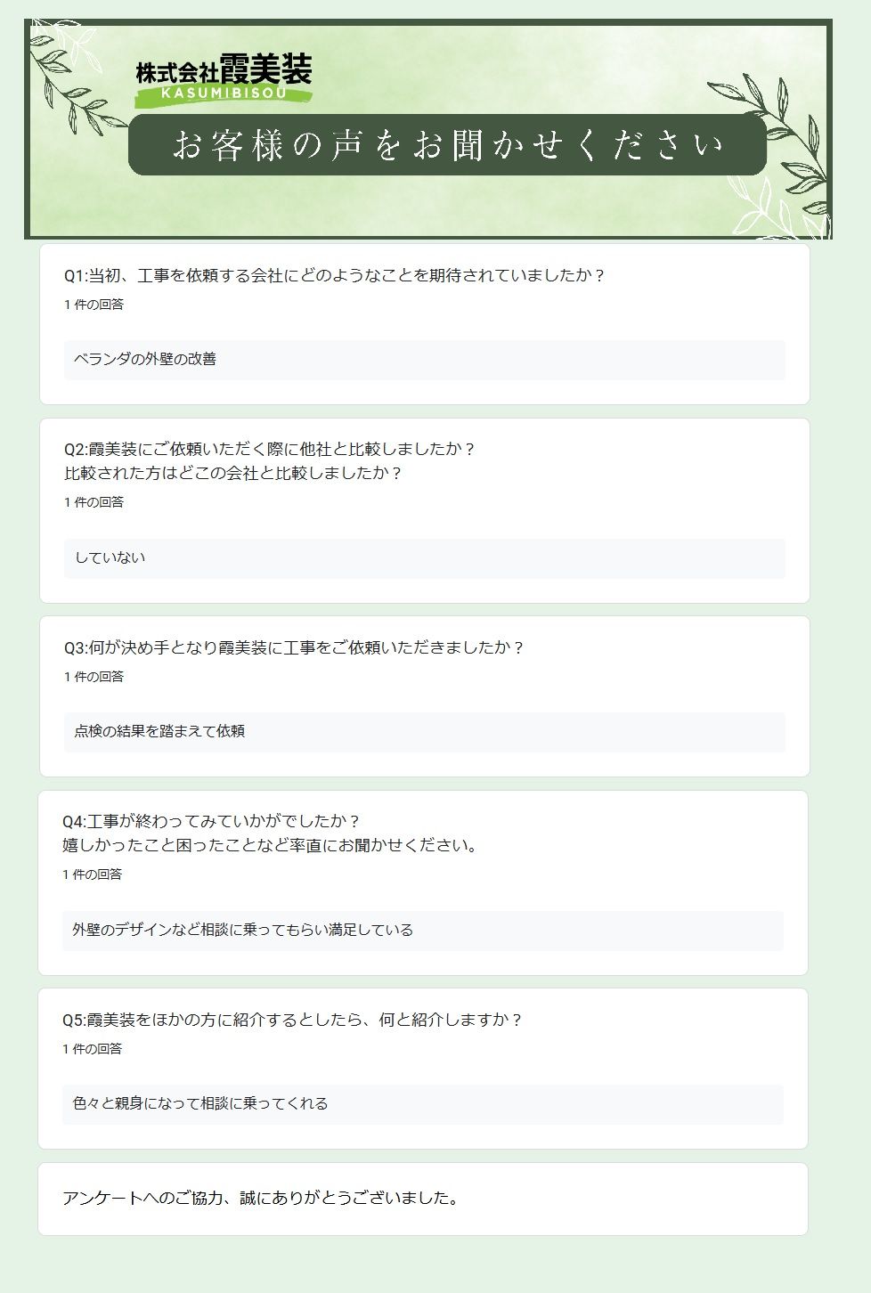 かすみがうら市で雨漏りベランダの修繕をおこなったお客様の声Googleアンケートフォーム