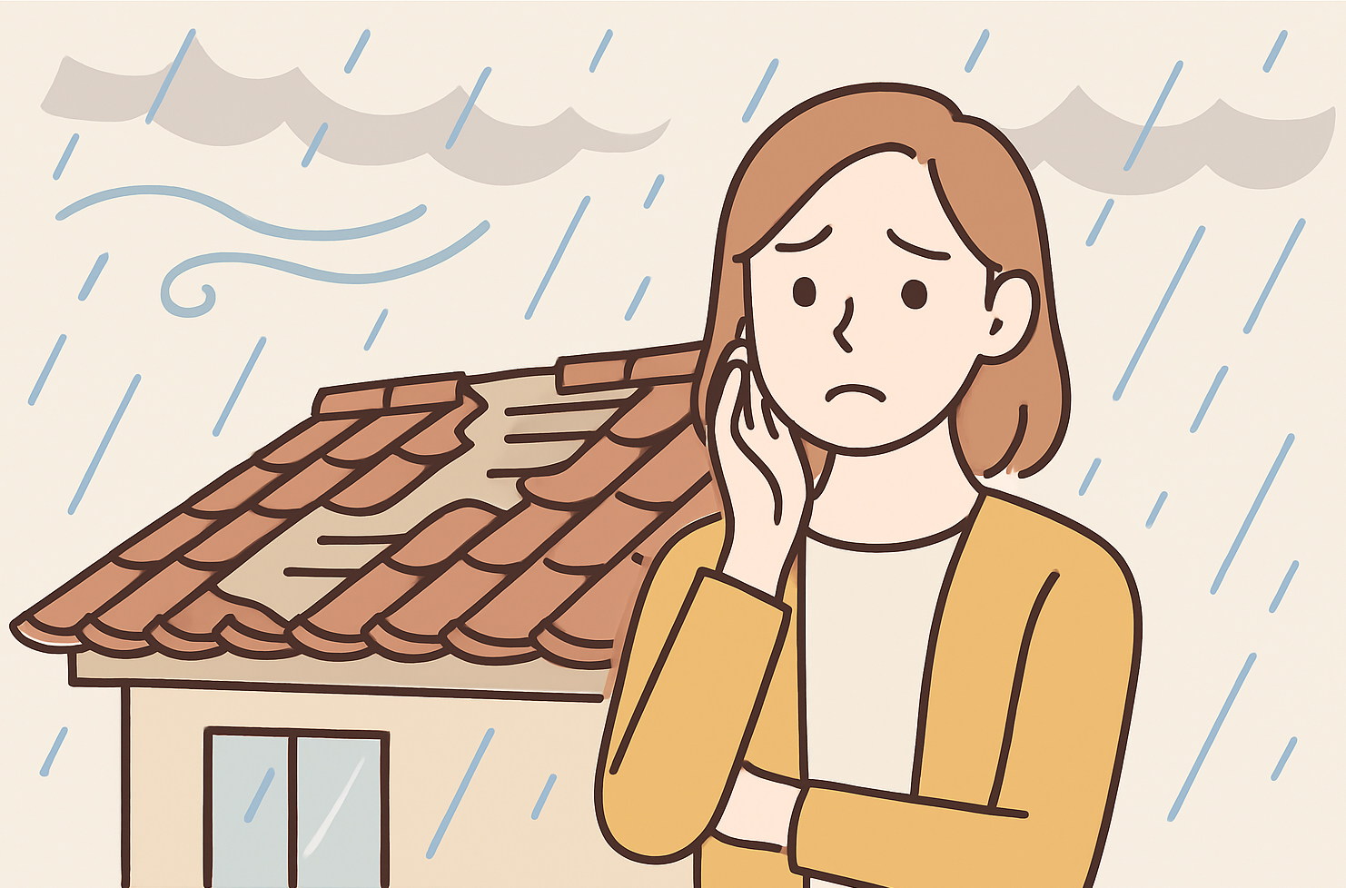 台風被害に困っている女性のイラスト画像