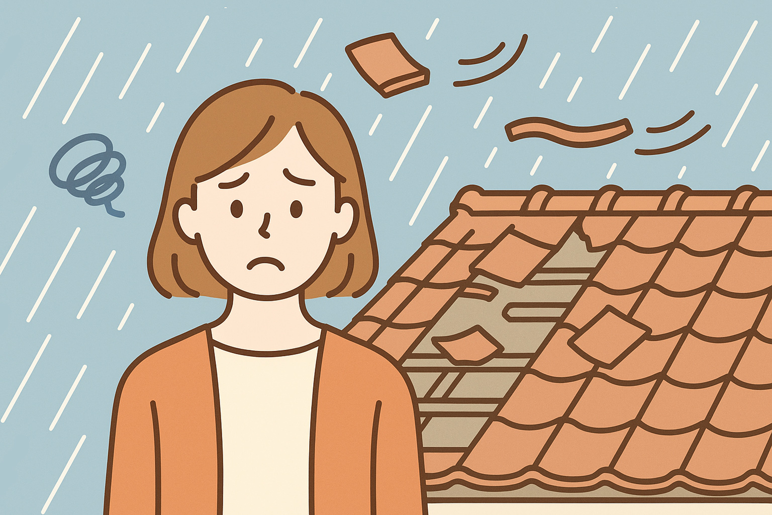台風被害に困っている女性のイラスト画像