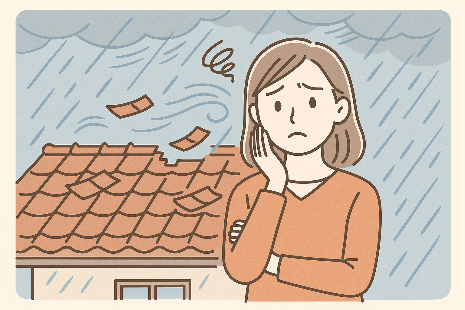 台風被害に困る女性のイメージ画像